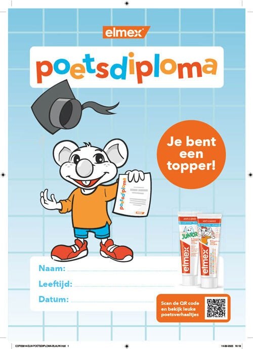 Mexy met poetsdiploma op een blauwe achtergrond, tekst: 'Je bent een topper!