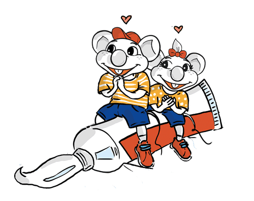 Elmy en Mexy de muizen zittend op een rode en witte tube tandpasta