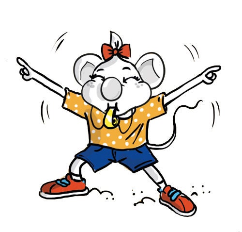 Elmy de muis maakt vrolijke handgebaren in een gele stippen T-shirt