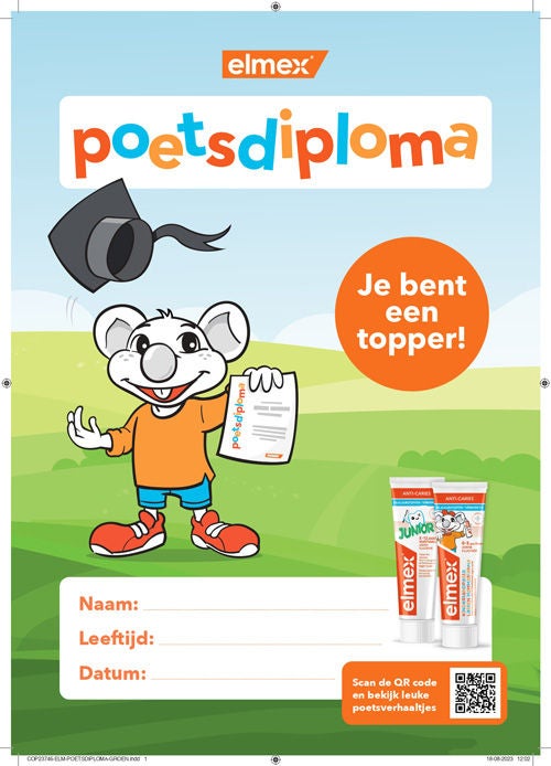 Mexy met poetsdiploma en verwijderbare hoed in een veld, tekst: 'Je bent een topper!