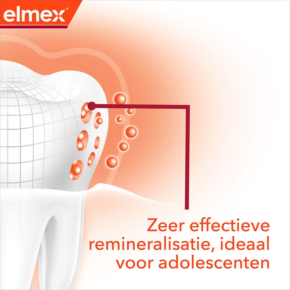 pictogram van een tand met een pijl die de beschermende barrière op de tand markeert en gaat vergezeld van een tekst van zeer effectieve remineralisatie, ideaal voor adolescenten
