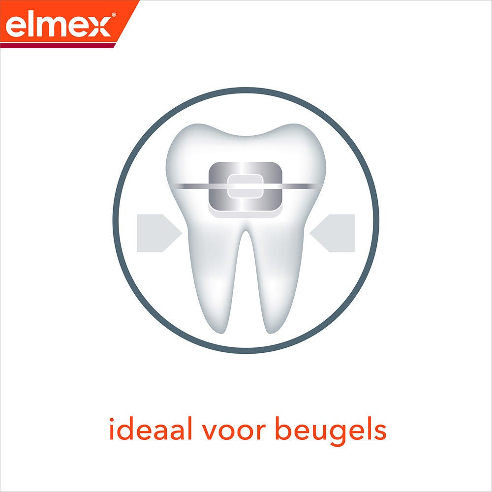 pictogram van een tand met haakjes, vergezeld van de tekst ideaal voor beugels