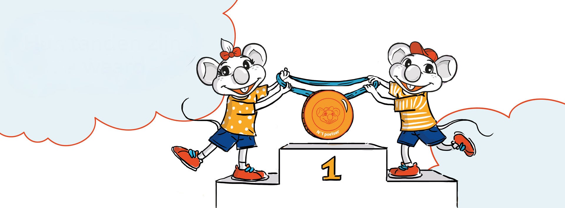 Elmy en Mexy op een podium met een gouden medaille, tekst: 'Hun tanden zijn goud waard