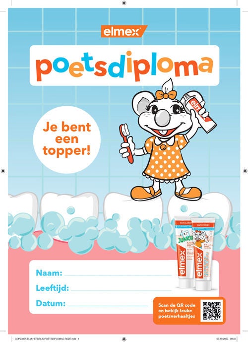 Elmy met poetsdiploma en oranje stippenjurk op een achtergrond van tanden, tekst: 'Je bent een topper!'